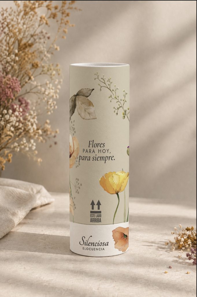 Cara posterior del tubo con el lema Flores para hoy, para siempre